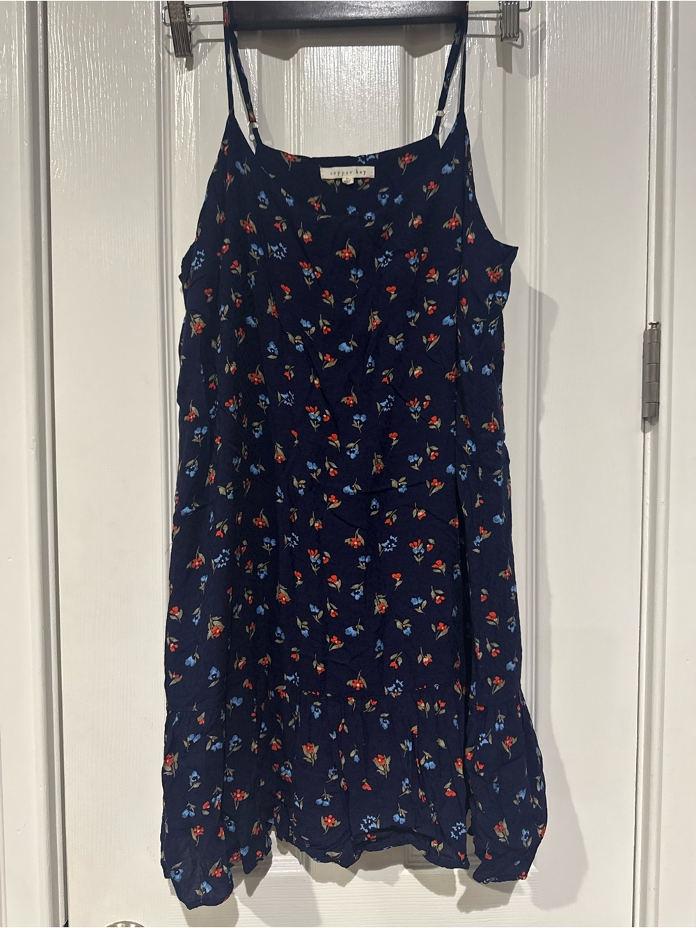 Copper Key Navy Floral Dress with Blue and Red Accents